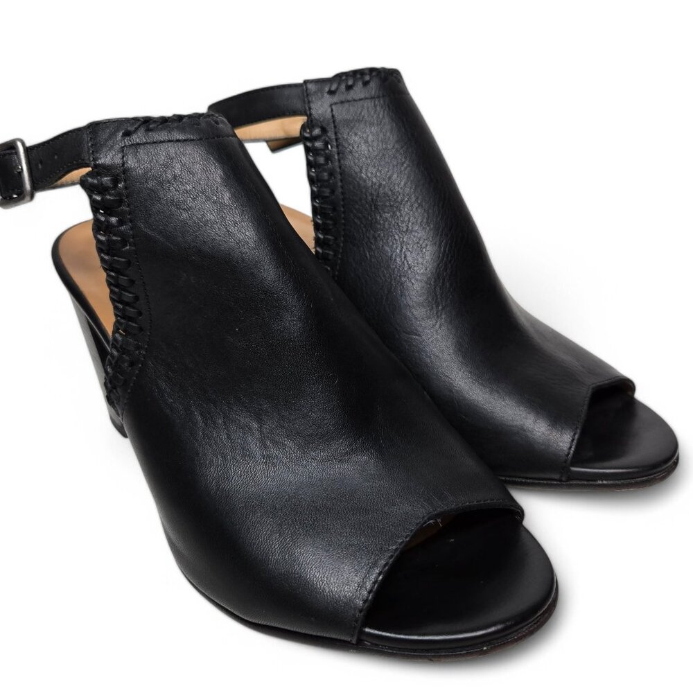 Fabianelli Black Leather Heels Women's Slingback Peep Toe Chunky Heel Braided 39